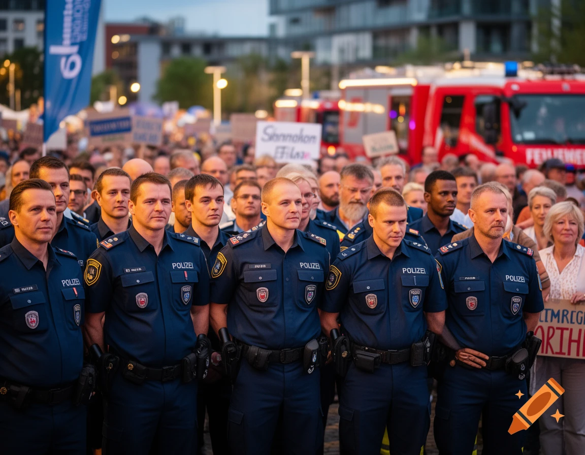 Group of uniformed police officers stand in a crowd with fire trucks in the background, at what appears to be a public event.