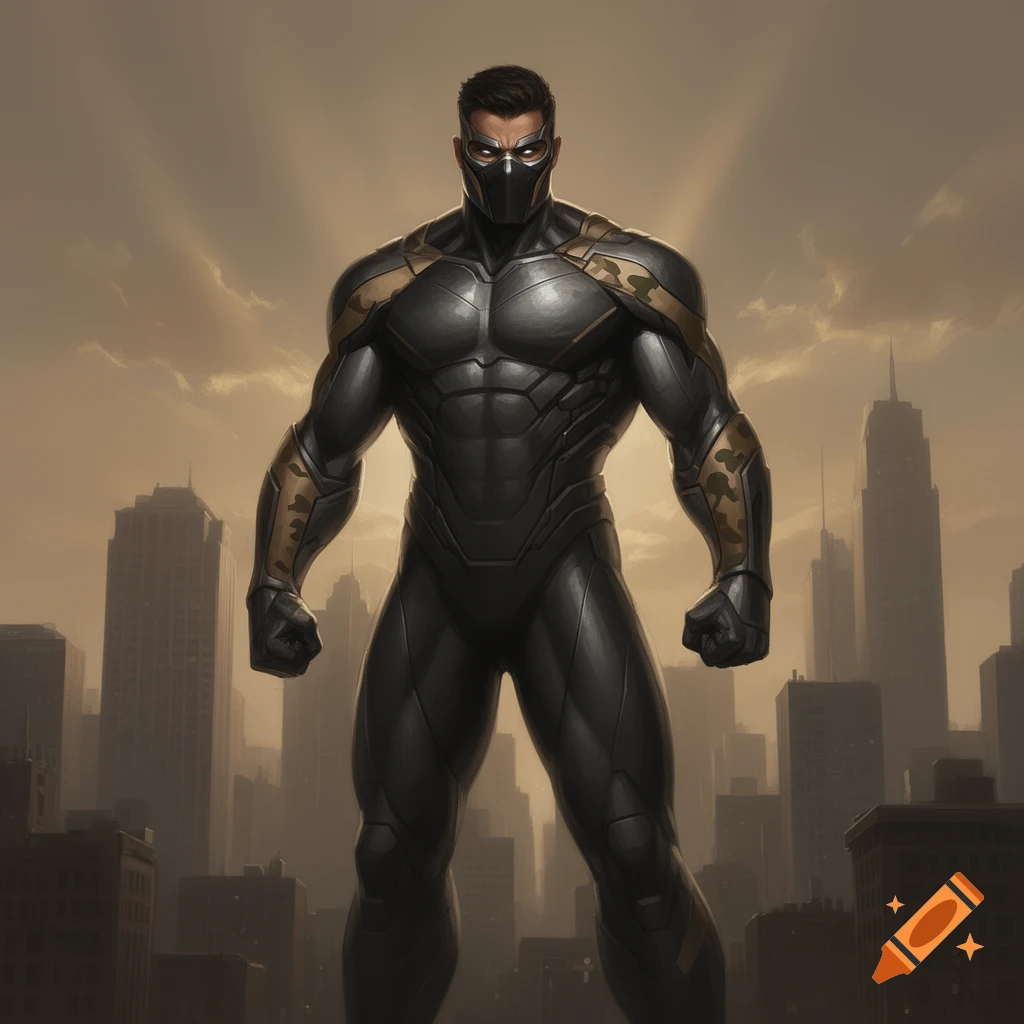 A muscular superhero in a black and gold armored suit with camouflage details stands dramatically against a hazy cityscape.
