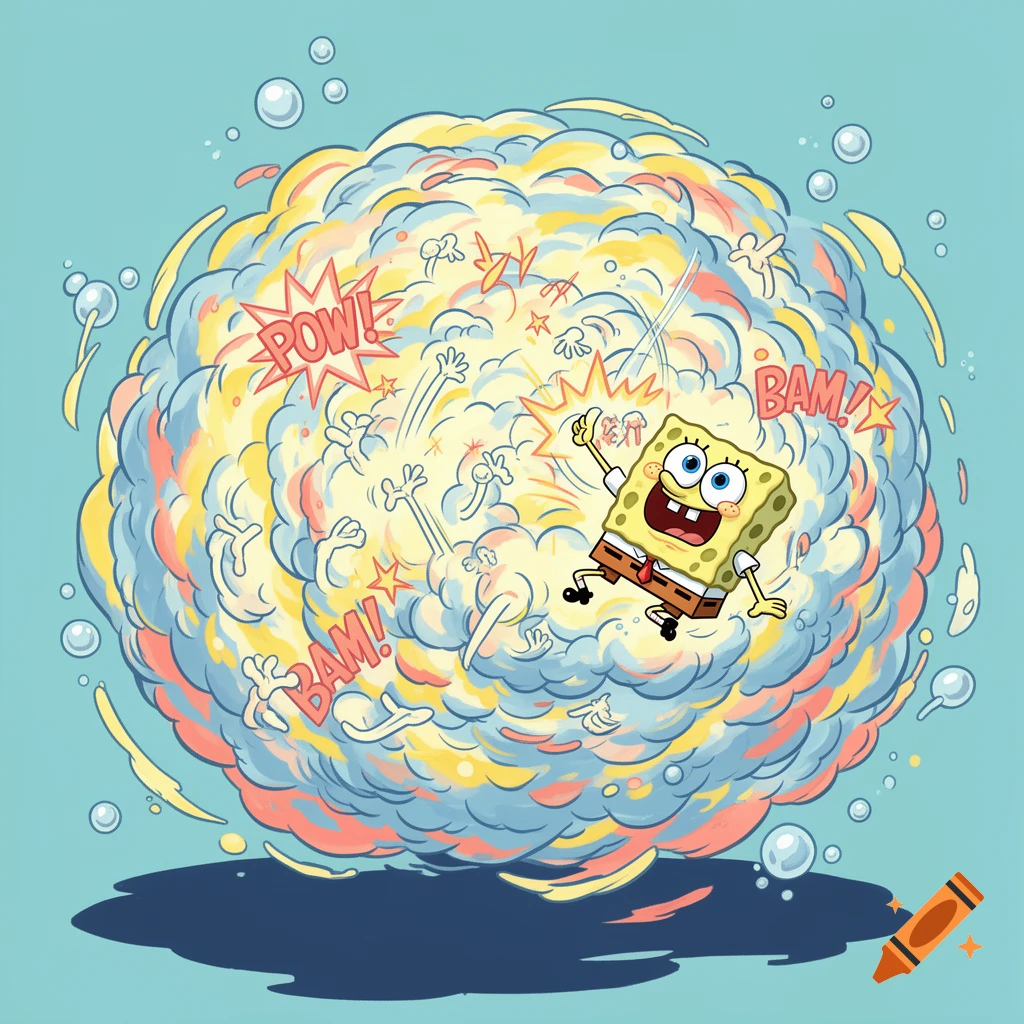 SpongeBob SquarePants jumping out of a colorful cartoon explosion cloud with comic text "POW!" and "BAM!".