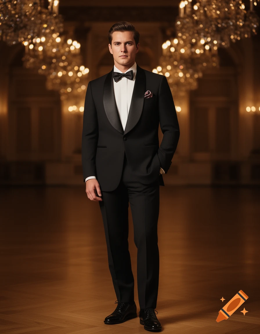 A man in a black tuxedo and bow tie stands in an elegant ballroom with chandeliers, photorealistic.
