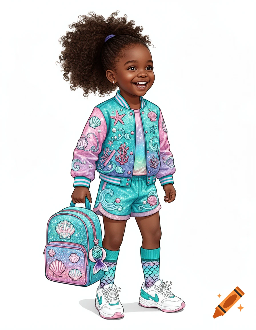 Smiling Black girl in mermaid-themed pink and teal jacket, shorts, and socks, holding a matching backpack, on a white background.
