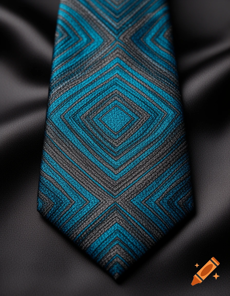 Close-up of a blue and gray geometric patterned necktie resting on a dark, satin-like background.
