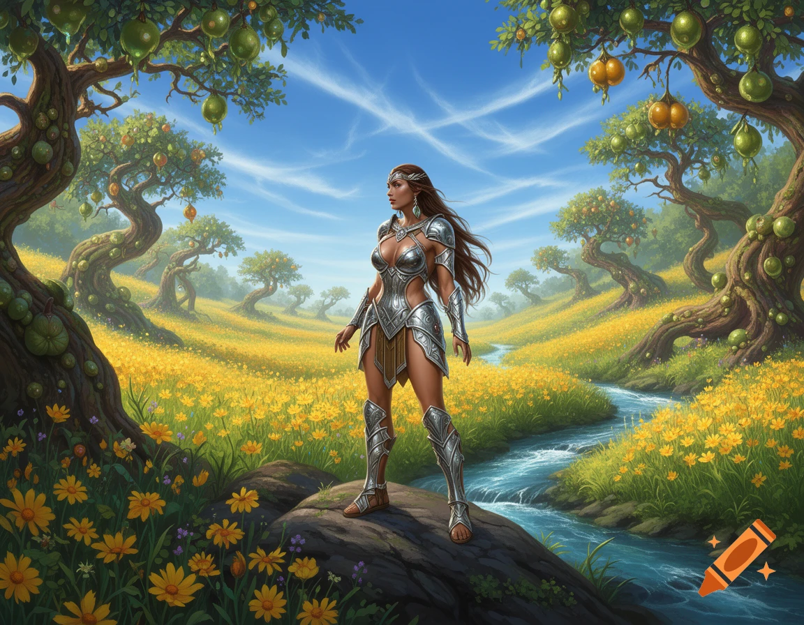 A fantasy warrior woman in metallic armor stands on a rock in a vibrant, mythical valley with a stream and fruit-laden trees.