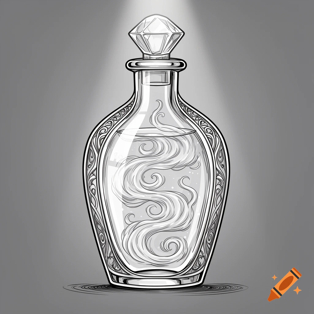 Line art drawing of a decorative potion bottle with swirling mist inside, topped with a faceted stopper.
