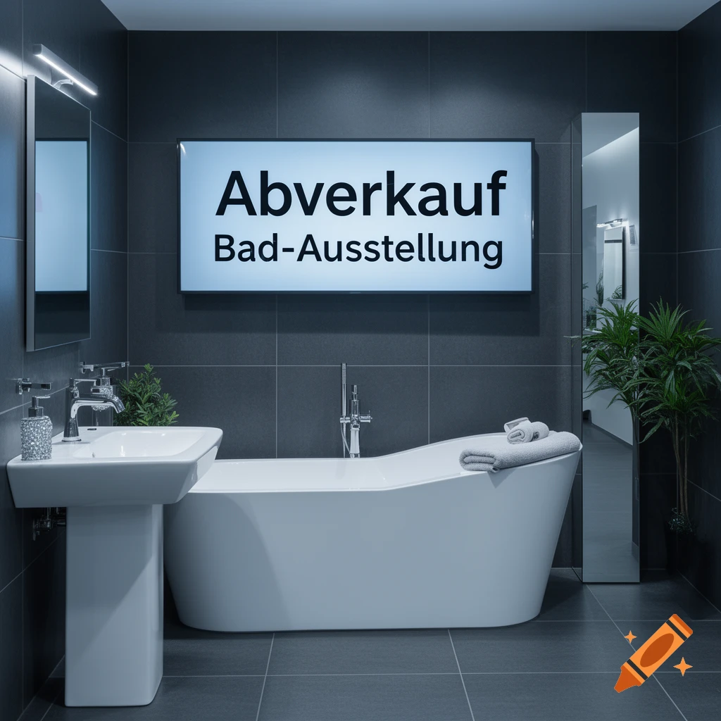A modern bathroom with a white bathtub and sink, featuring a screen displaying 'Abverkauf Bad-Ausstellung' on a dark tiled wall.