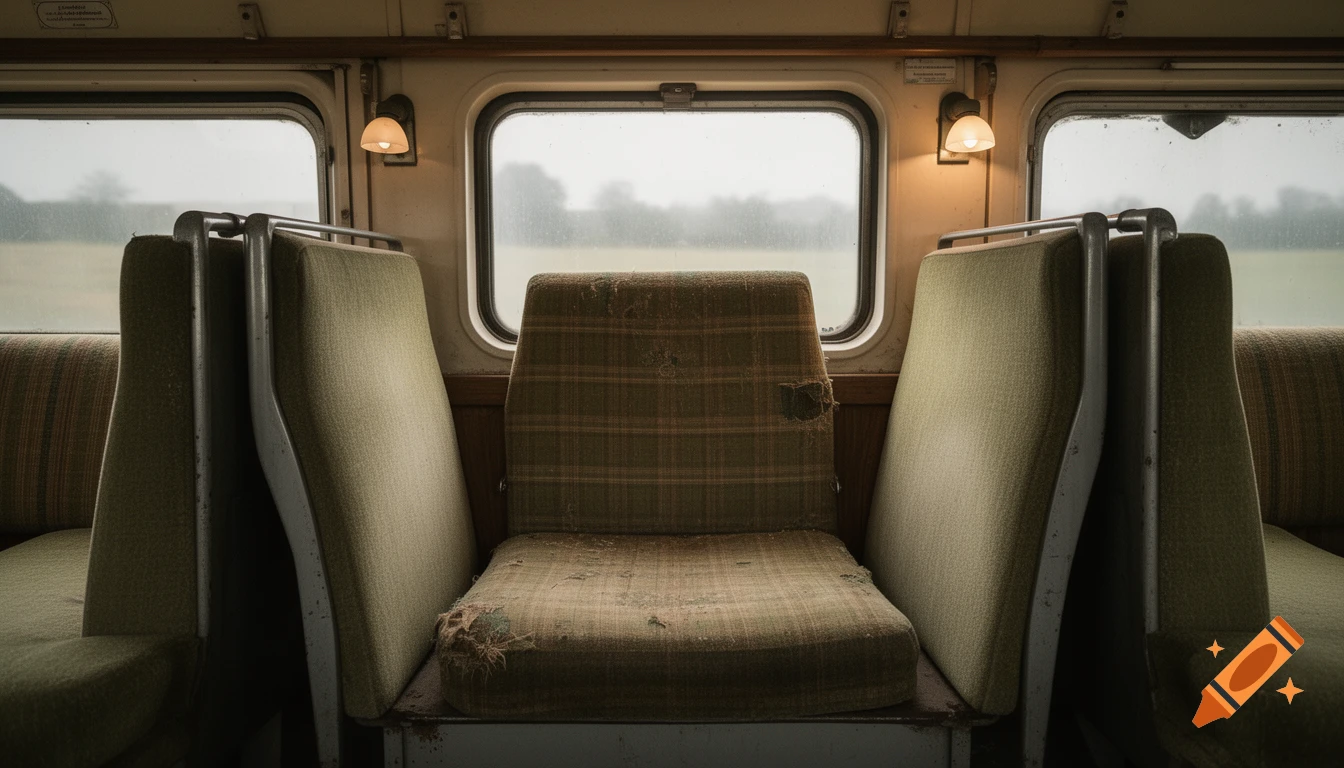 Interior view of an old, empty East German train carriage with worn green plaid seats and windows.