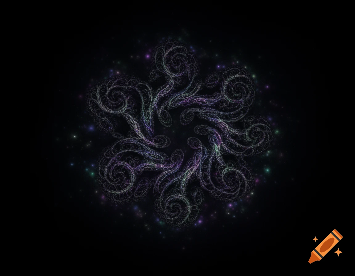 A symmetrical, swirling fractal pattern of purple, green, and white dots on a dark, starry background.