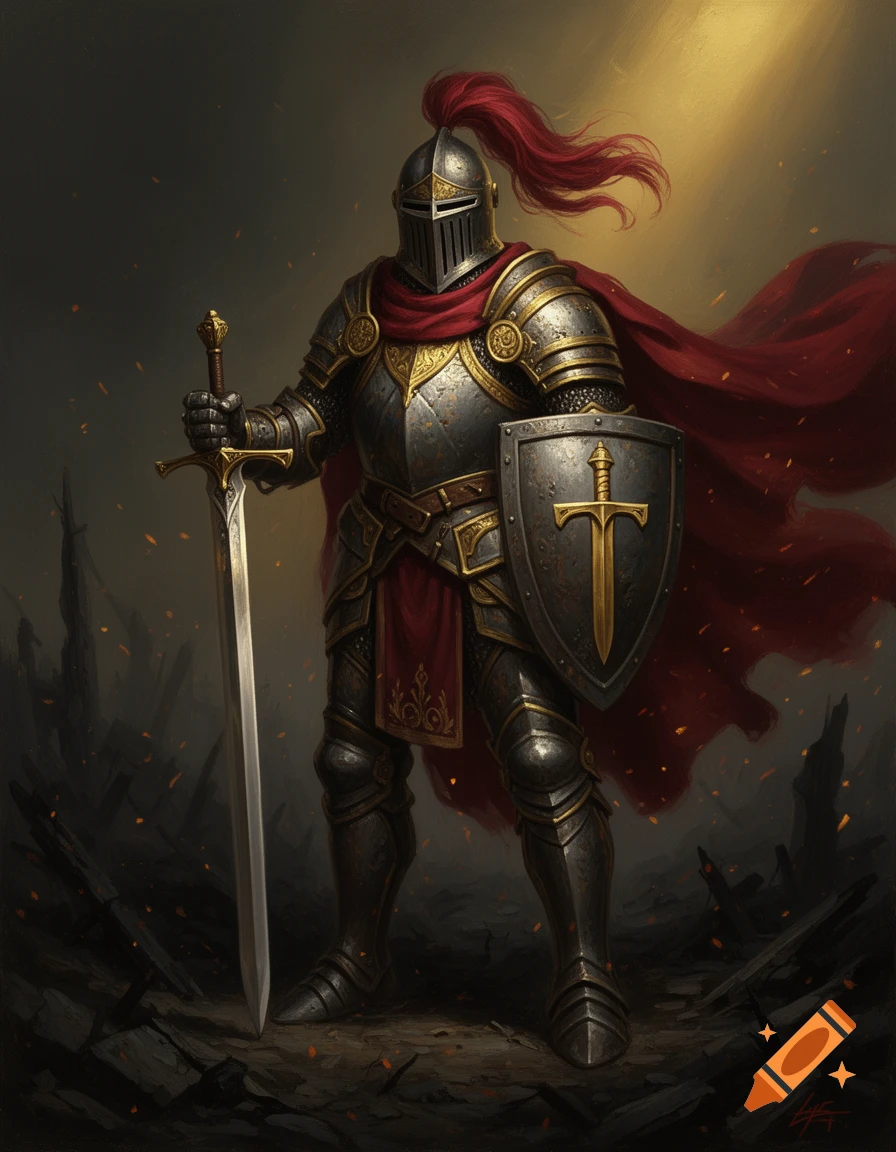 A full body painted portrait of a knight in ornate full plate armor, red cape, and plume, holding a sword and shield on a ruined battlefield.