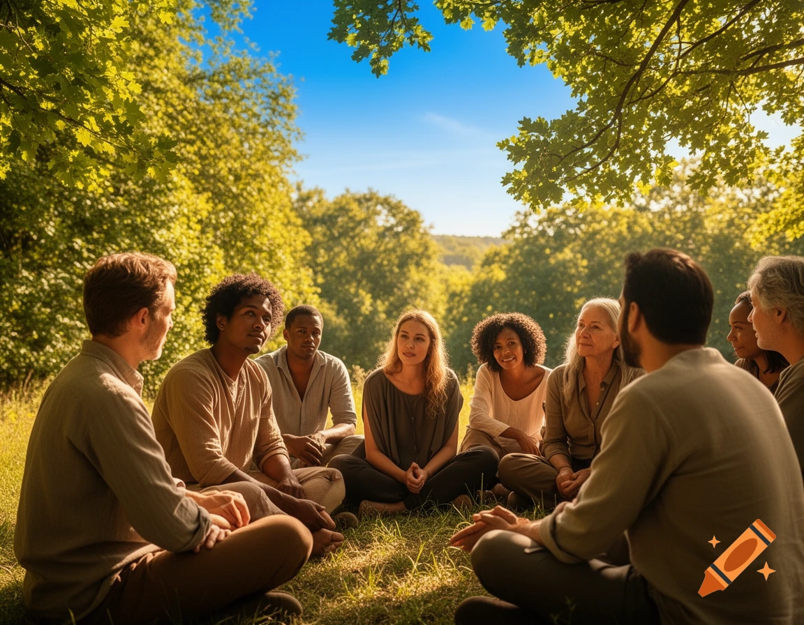 A diverse group of adults sits in a circle on grass in a sunny park, engaged in conversation.