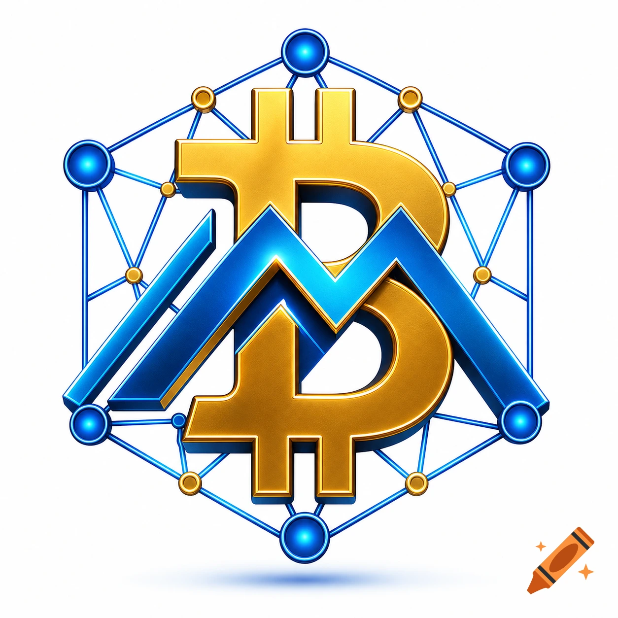 A glossy 3D rendering of a gold Bitcoin logo intertwined with a blue Meshtastic logo, surrounded by a blue interconnected network grid.