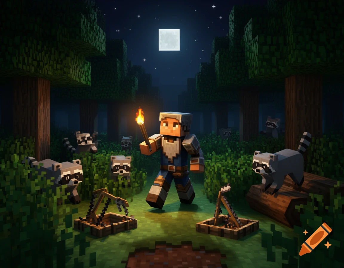 A Minecraft character with a torch in a dark forest at night, surrounded by raccoons and traps in the Minecraft style.