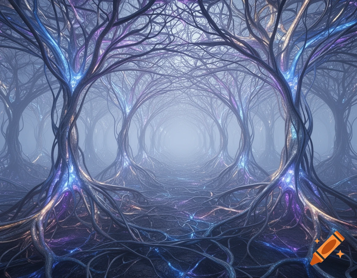 An otherworldly landscape featuring glowing, neuron-like trees with intricate, intertwined roots forming a mystical tunnel.