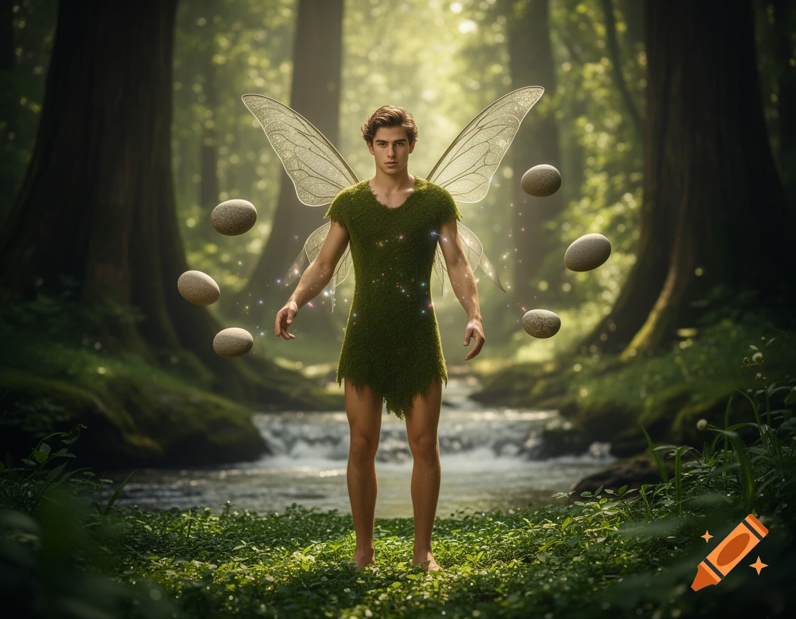 A handsome young male fairy with translucent wings, clad in a mossy tunic, telekinetically floats stones in a sunlit forest.