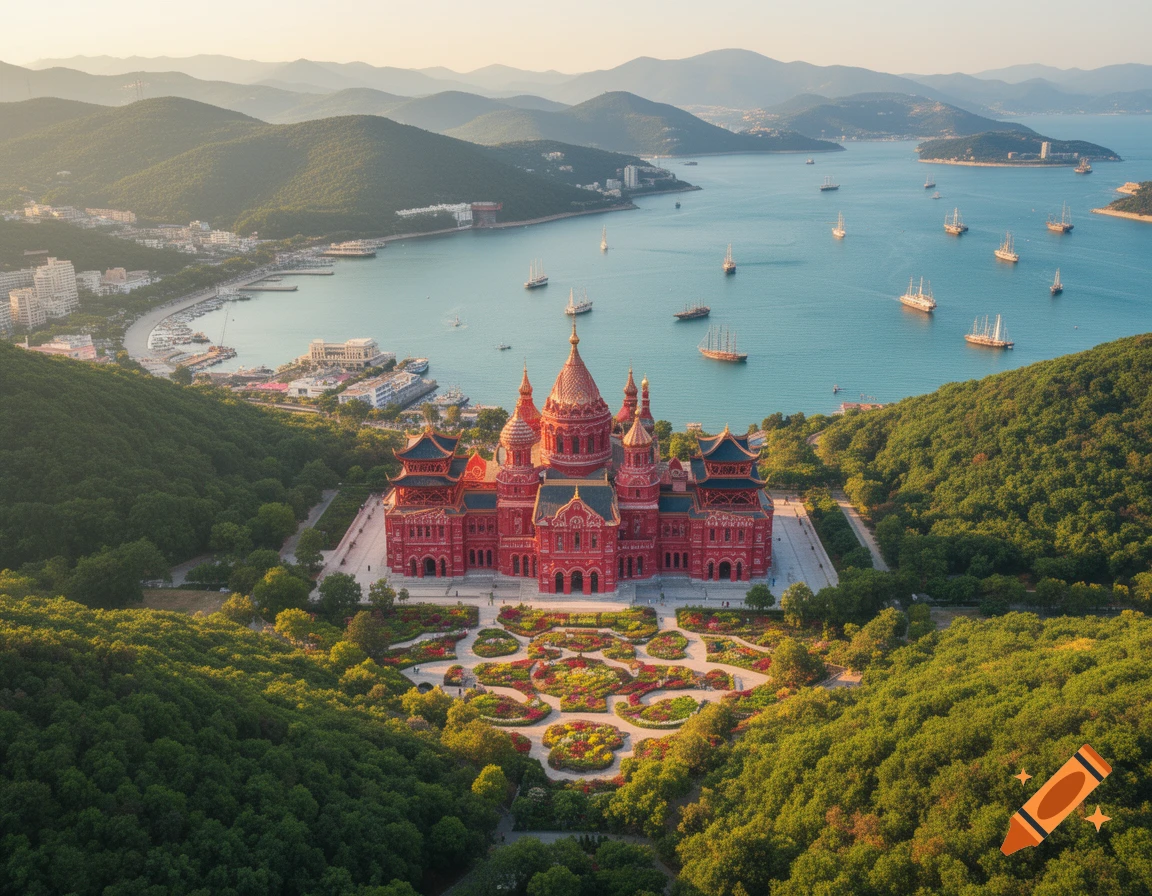 Red, ornate building with gardens on lush hills, overlooking a coastal city and bay with sailing ships at golden hour.