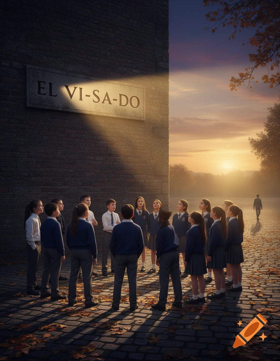Group of students in school uniforms on a cobblestone street with autumn leaves, looking at a sign on a brick wall with 'EL VI-SA-DO' under a sunset sky.