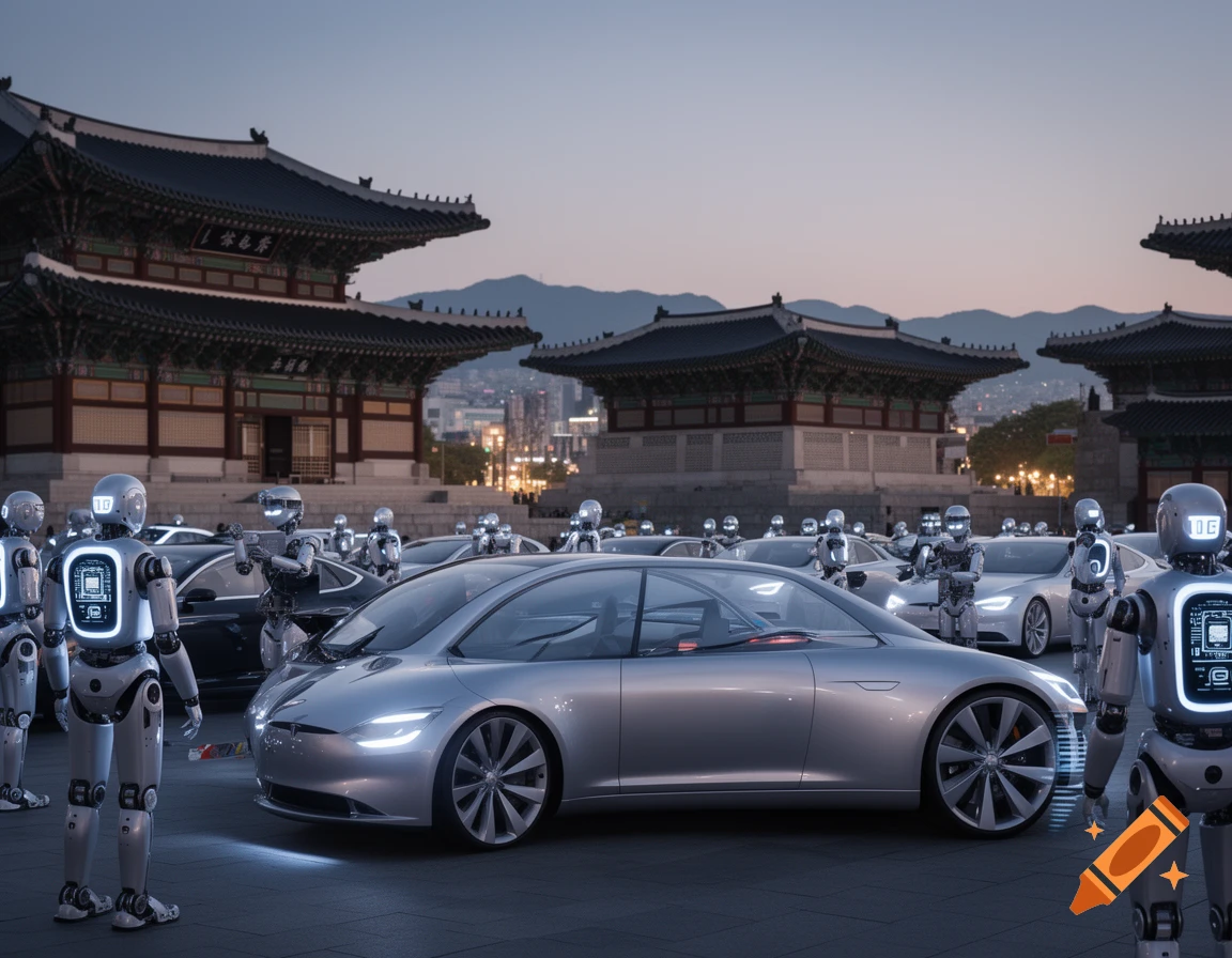 Robots and sleek silver cars in front of traditional Korean palace buildings at dusk, photorealistic.