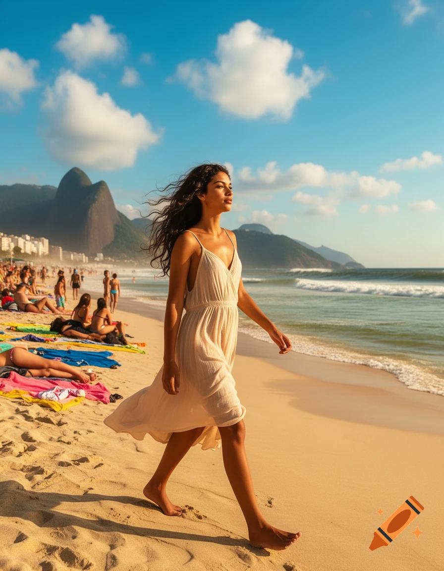 A photorealistic image of a woman in a light dress walking barefoot on a sandy beach with the ocean, mountains, and city in the background.