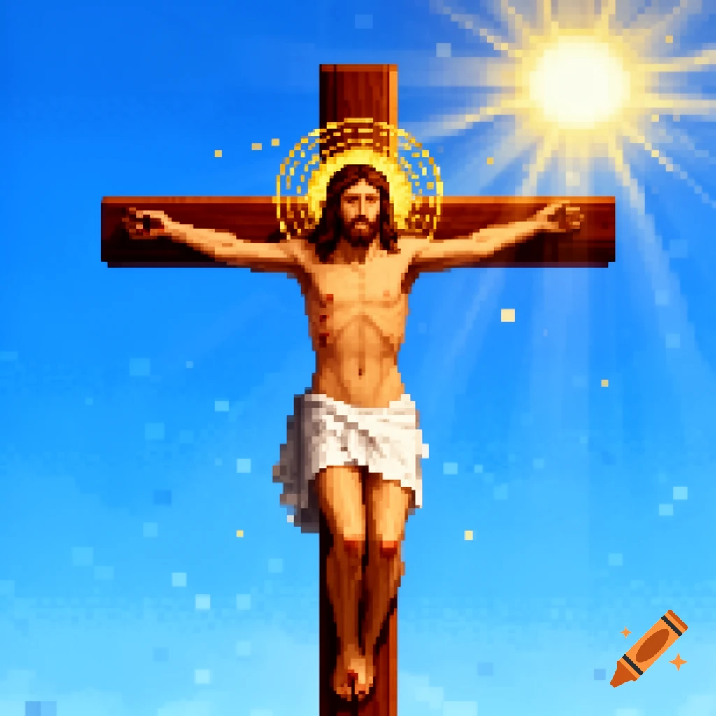 A pixelated depiction of Jesus Christ crucified on a wooden cross against a bright blue sky with a radiating sun.