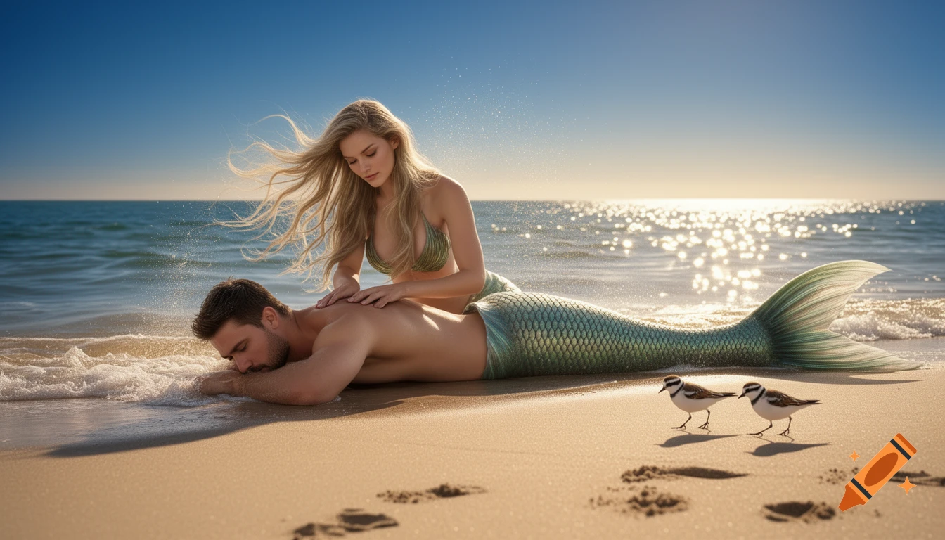 A photorealistic mermaid massages a man's back on a sunny beach with shimmering water and two shorebirds walking on the sand.