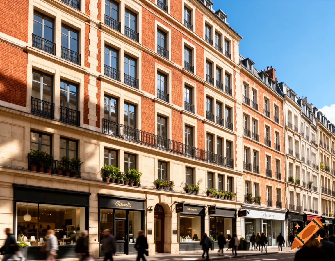 A photorealistic image of a row of ornate brick and stone buildings housing shops on a bustling city street under a clear blue sky.