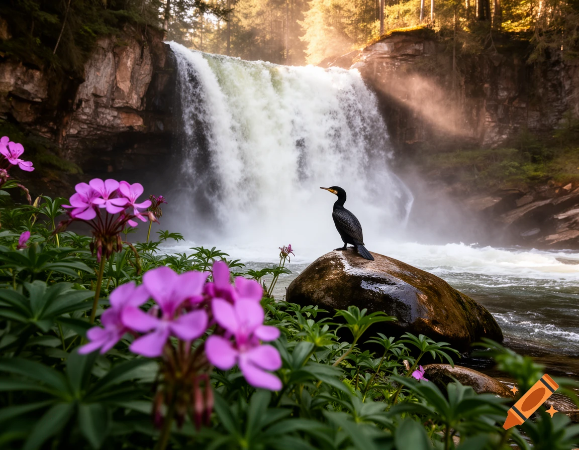 A black cormorant bird perches on a wet rock near a powerful waterfall, with bright pink cranesbill flowers in the foreground.