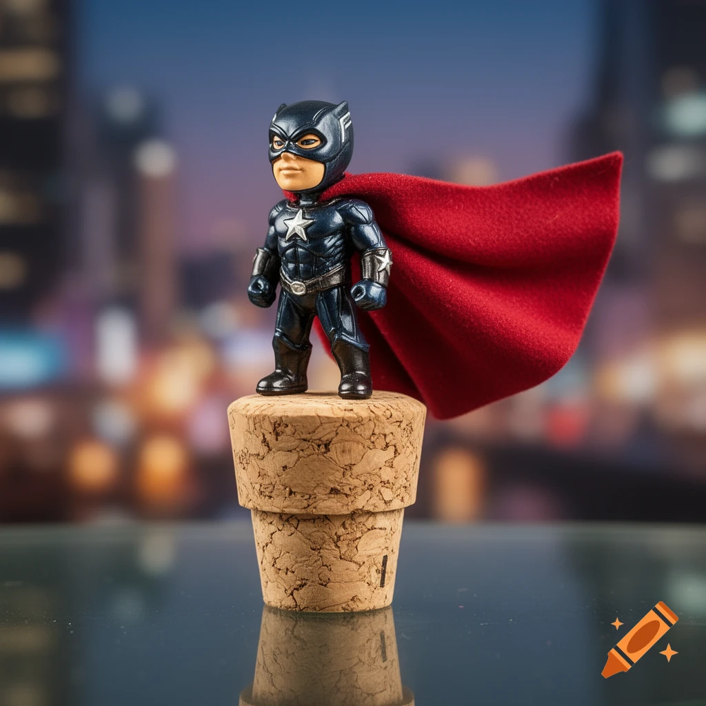 A superhero figurine in a dark blue suit with a red cape stands on a cork stopper against a blurred city lights background, photorealistic style.