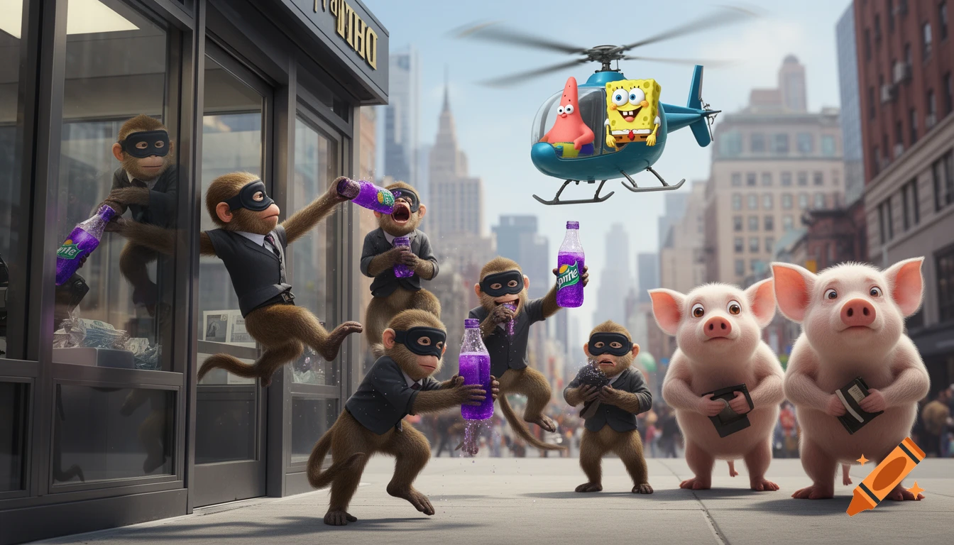 Cartoon monkeys in suits and masks rob a bank and drink purple soda on a city street, with Spongebob and Patrick flying in a helicopter, and two pigs observing.