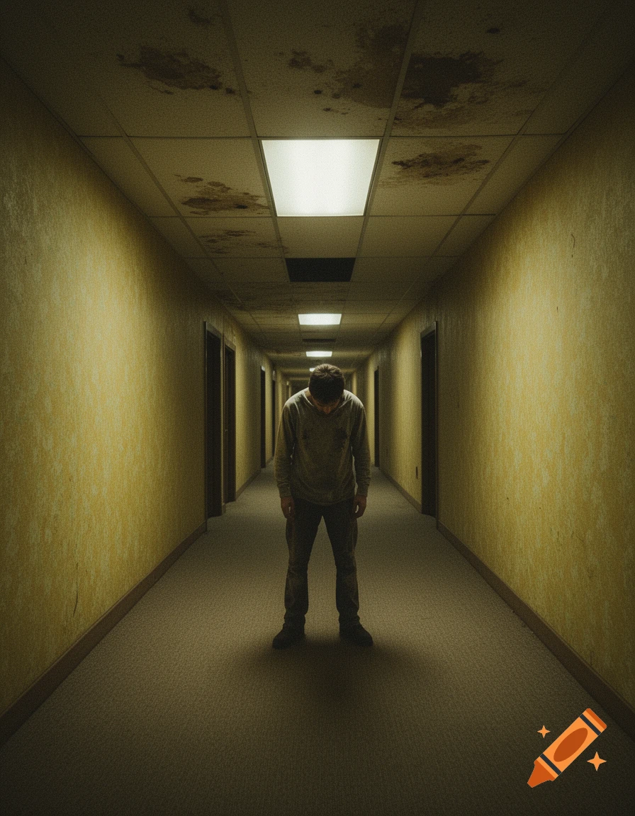 A lone person stands looking down in the middle of a long, dimly lit, desolate hallway with dirty yellow walls and a grungy ceiling.