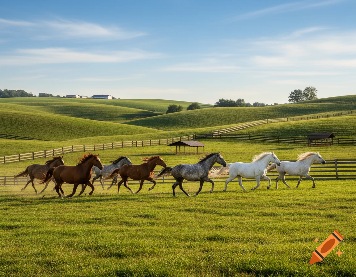 Horses gallop across a lush green field with rolling hills and fences under a bright blue sky.