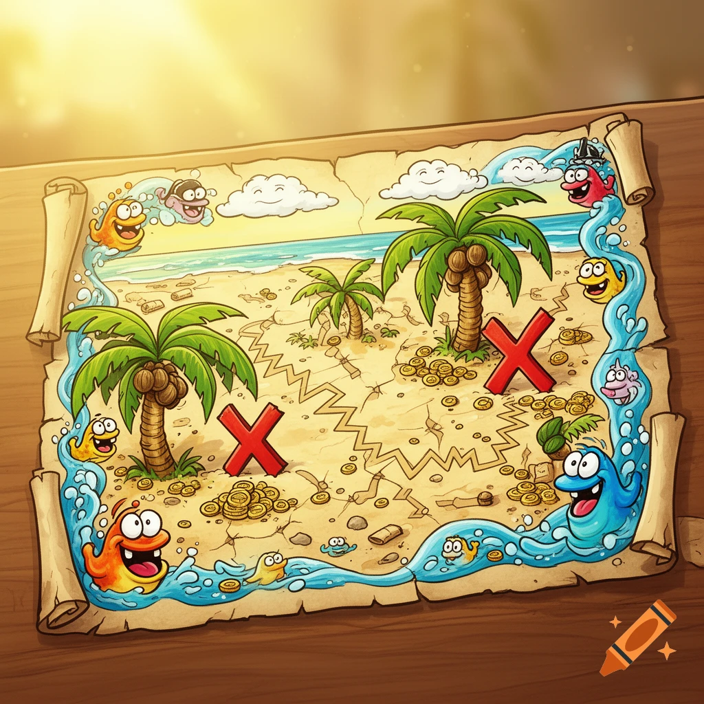 A vibrant cartoon treasure map depicting a tropical beach with palm trees, gold coins, and two red X's. Happy sea creatures swim along the map's wavy border.