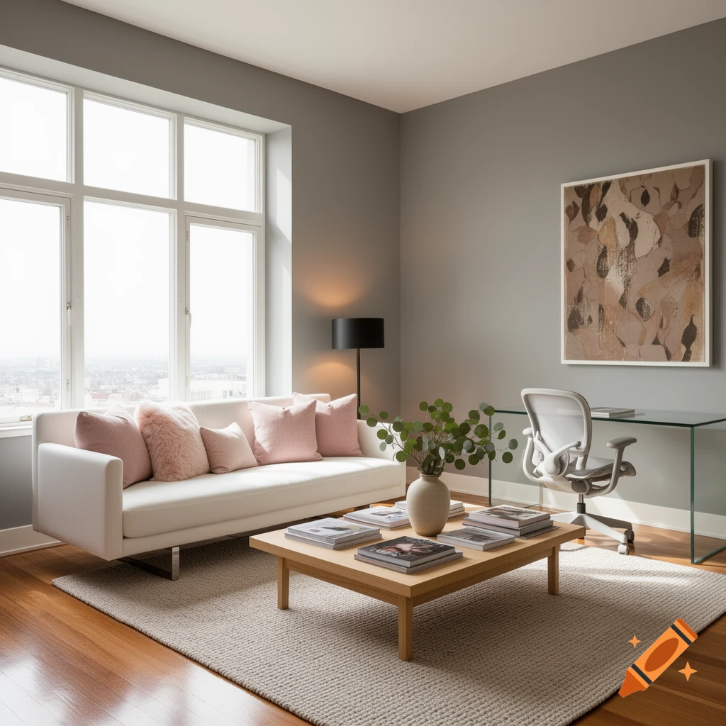 Modern living room and home office with a white sofa, pink pillows, a wooden coffee table, a glass desk, and a large window.