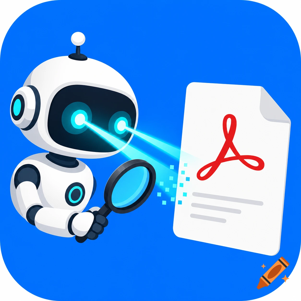 A white robot with glowing cyan eyes scans a document with a red PDF logo, holding a magnifying glass in a flat vector style on a blue background.