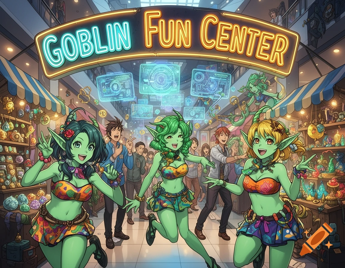 Three cheerful green-skinned anime goblin women in colorful outfits run through a bustling mall under a neon 'GOBLIN FUN CENTER' sign, with human shoppers.