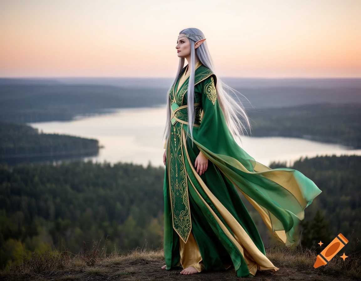 A female elf with silver hair and a green and gold dress stands on a hill overlooking a lake and forest at sunset.