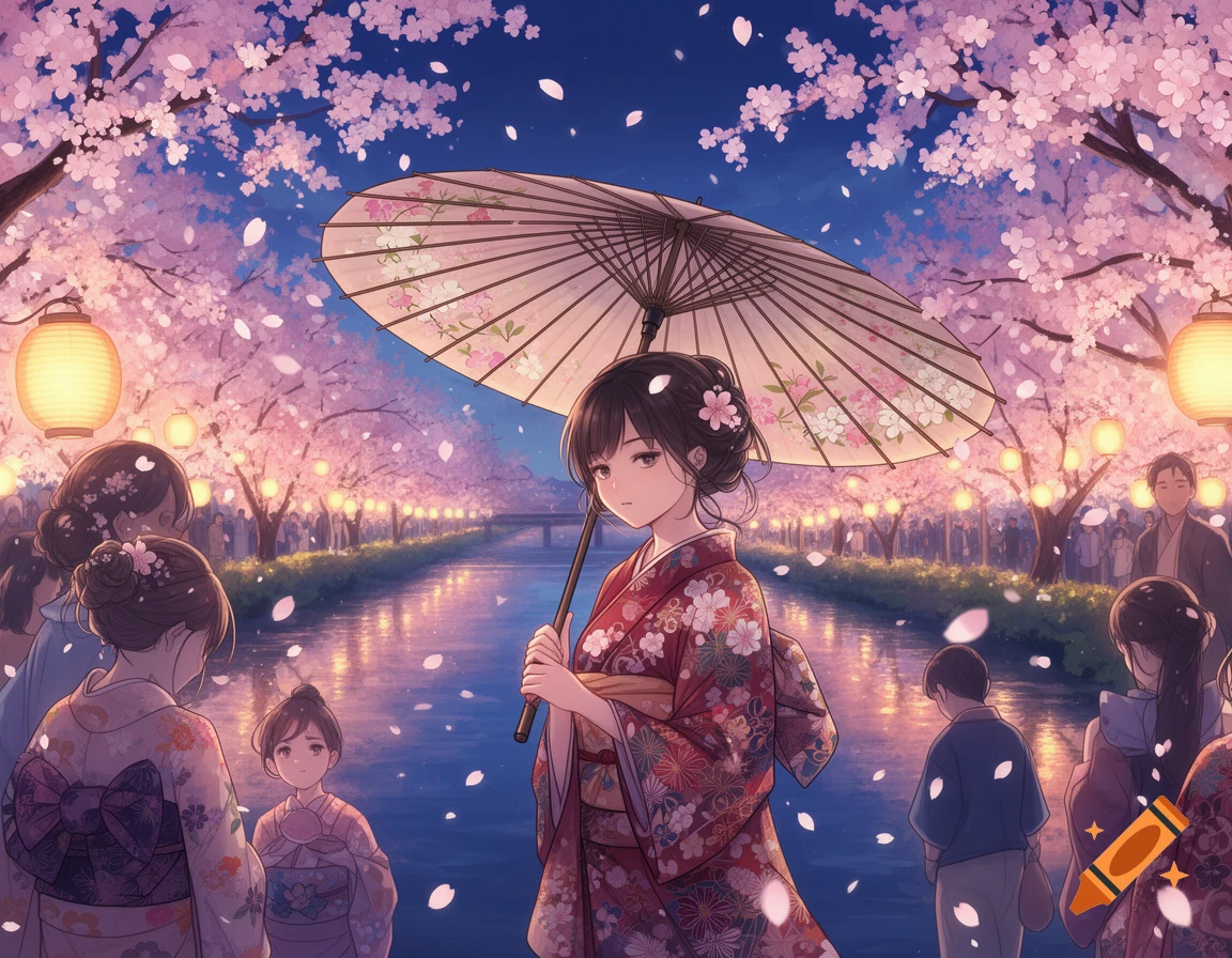Anime illustration of a girl holding an umbrella under pink cherry blossoms and lanterns by a canal at night, surrounded by people.