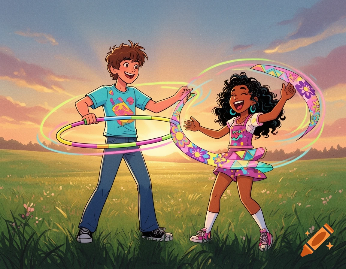 A vibrant cartoon illustration of a laughing boy and girl playing with hula hoops in a grassy meadow at sunset.