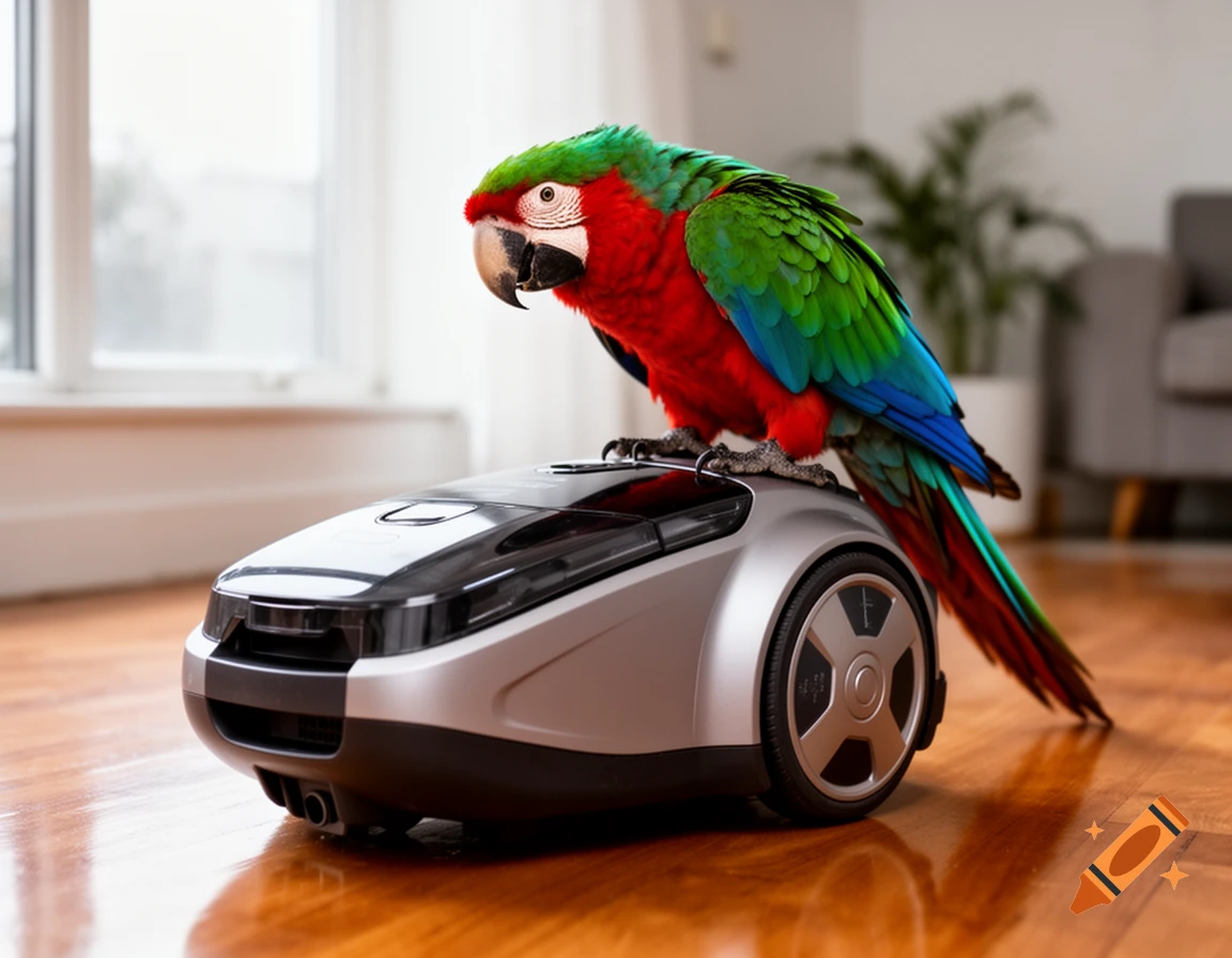 A vibrant red, green, and blue parrot stands on a modern silver robot vacuum cleaner on a wooden floor.
