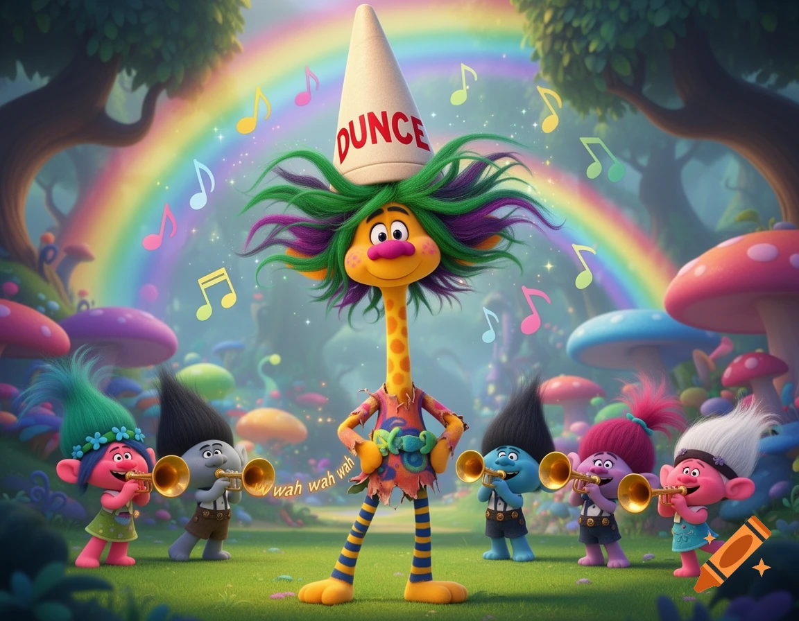 A tall, giraffe-like Troll with a "DUNCE" hat stands in a magical forest with a rainbow while smaller Trolls play trumpets.