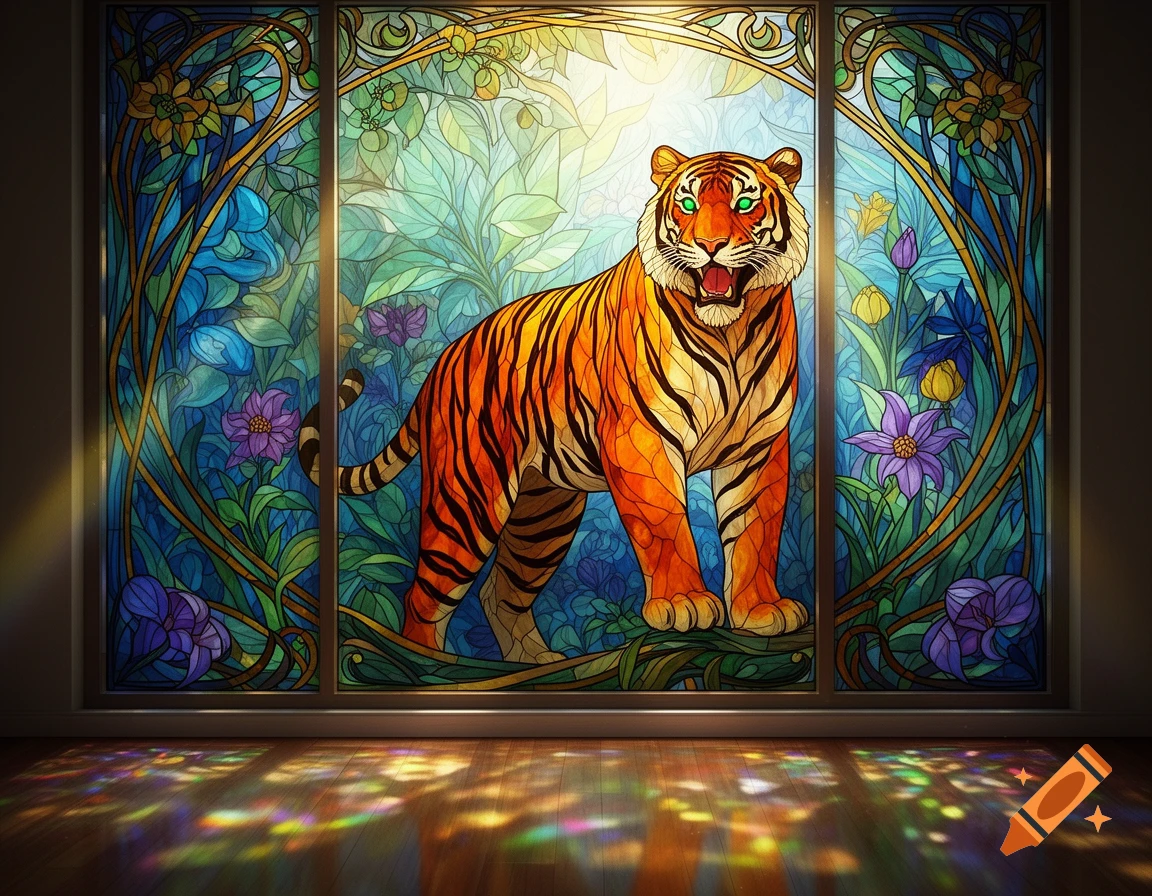 A vibrant stained glass window depicts a tiger amidst lush jungle foliage, with colorful light reflecting on the wooden floor.