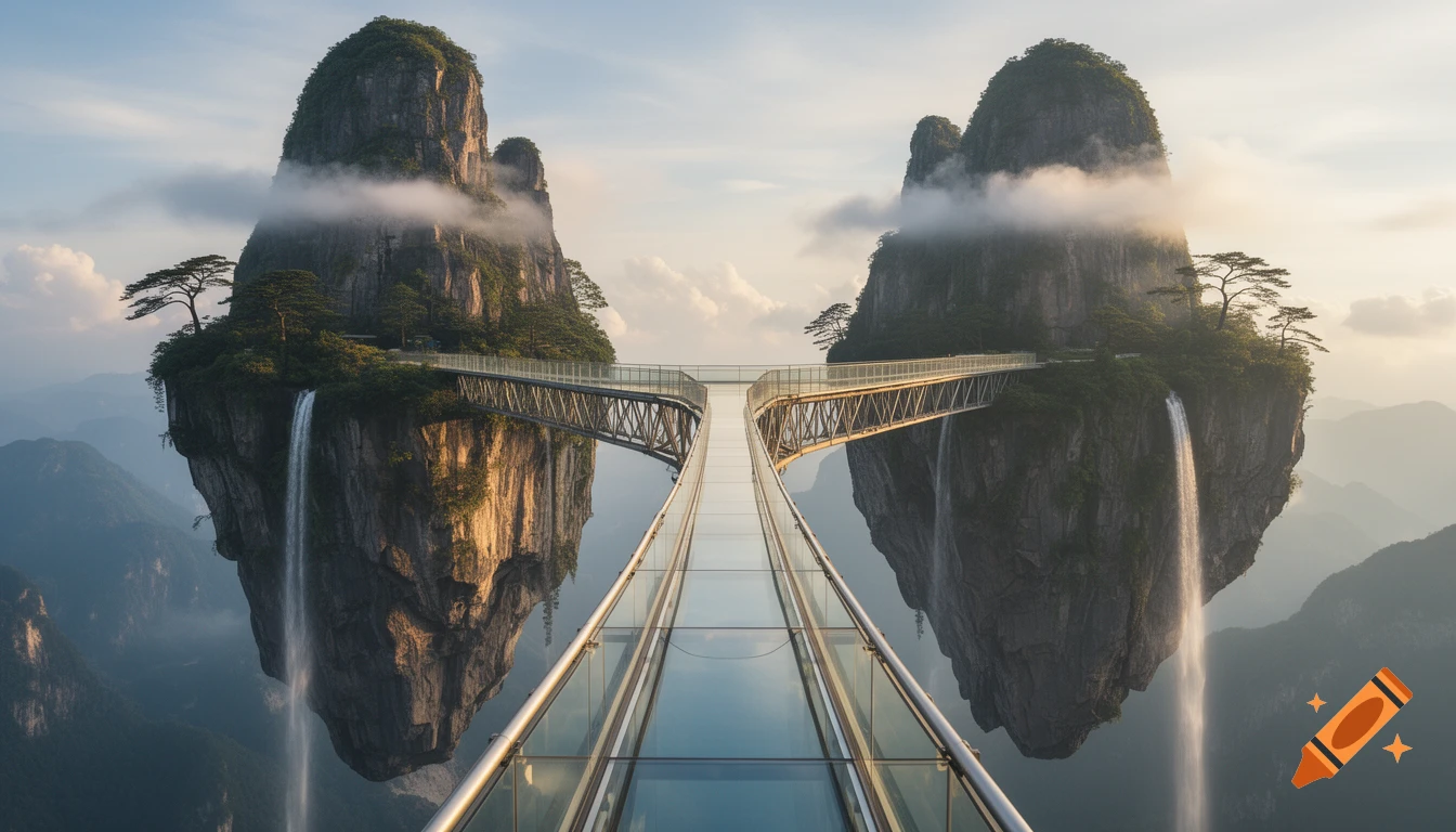 A photorealistic glass bridge connects two lush floating mountains with waterfalls under a cloudy sky.