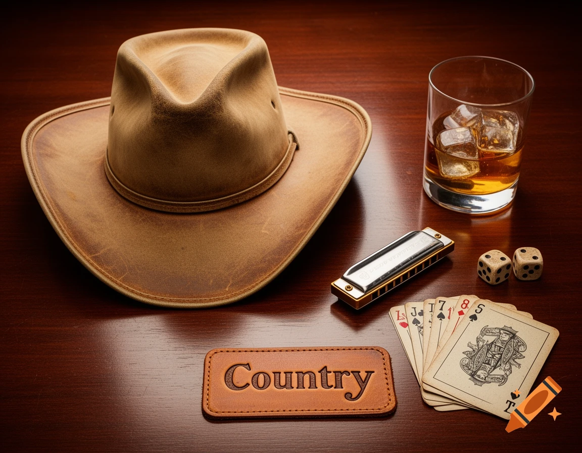 A flat lay of a cowboy hat, glass of whiskey with ice, harmonica, dice, playing cards, and a leather patch embossed with "Country" on a dark wooden surface.