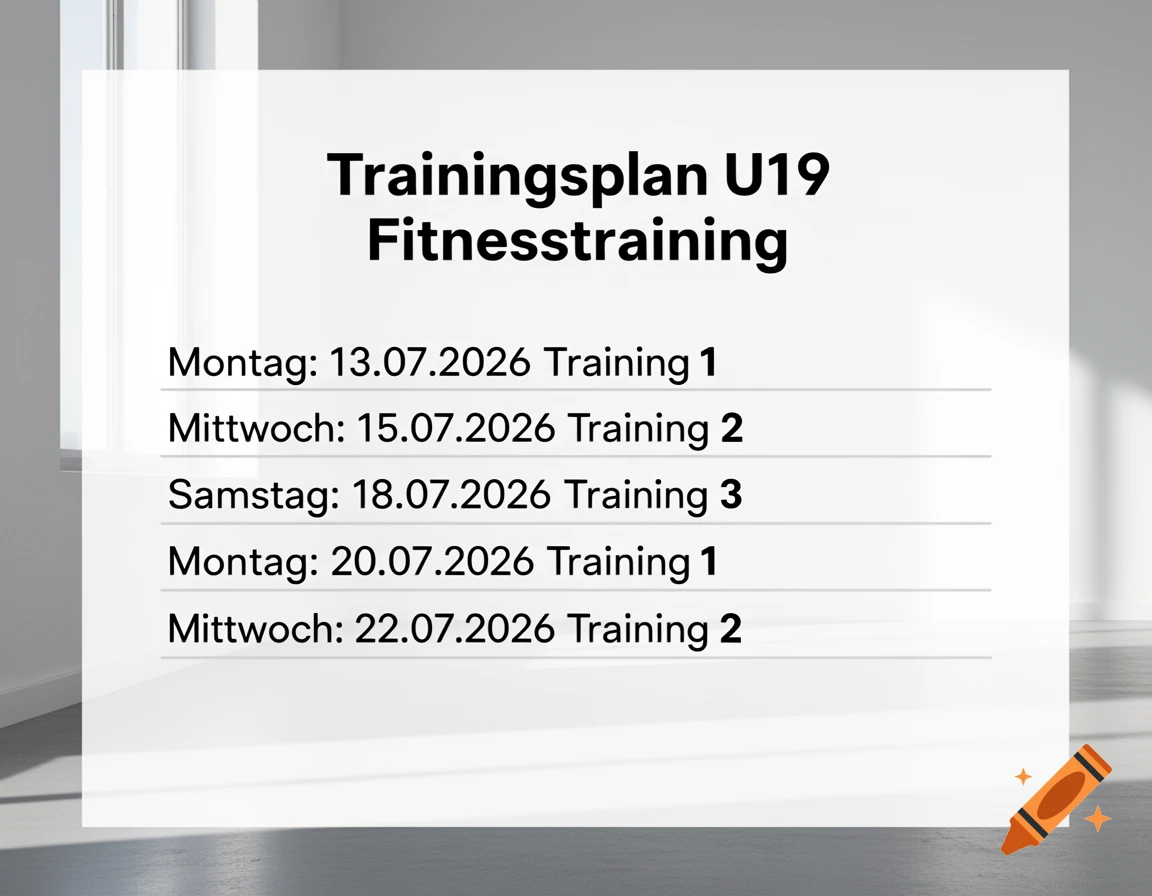 A white sheet with a German U19 fitness training schedule, listing dates and training sessions against a blurred room background.