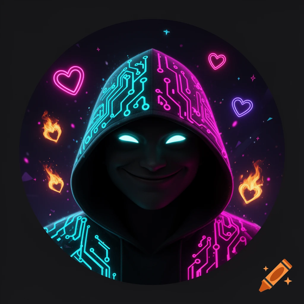Mysterious hooded figure with glowing eyes and mischievous smirk, adorned with neon cyan and magenta circuits. Neon hearts and fiery sparks float against a dark background.