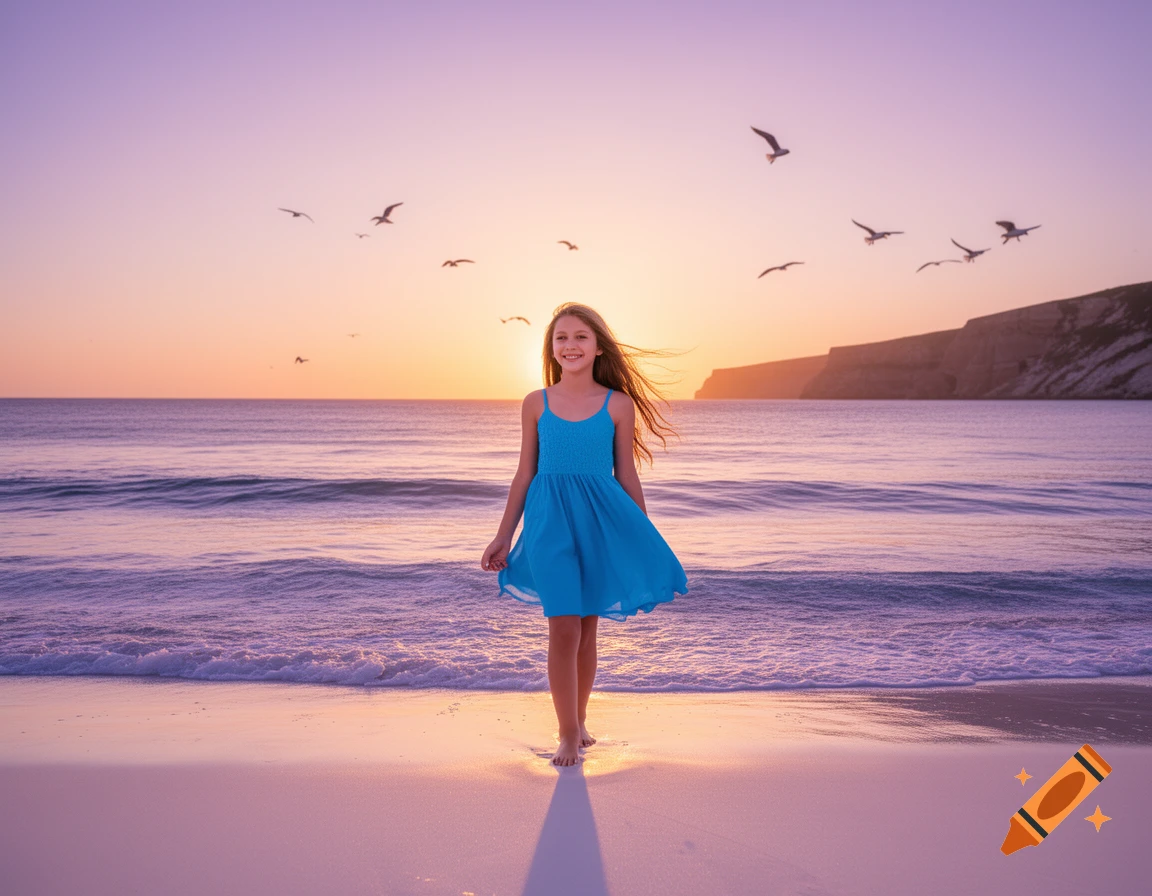 A young girl in a blue dress walks barefoot on a beach at sunset, with waves, cliffs, and birds in the background. Photorealistic.