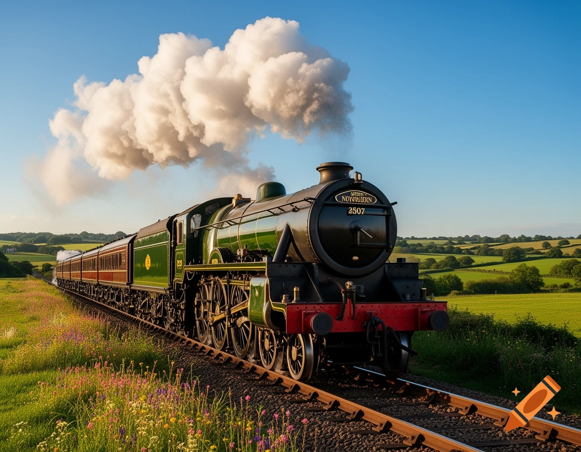 A green and red Great Northern 2507 steam train travels through a vibrant, flowery countryside under a blue sky, emitting white smoke.