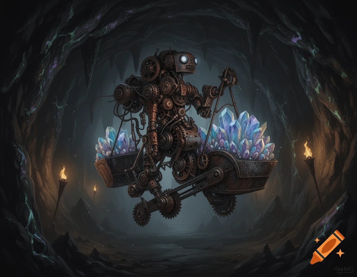 A steampunk mining automaton carries baskets of glowing purple and blue crystals through a dark, torch-lit cave.