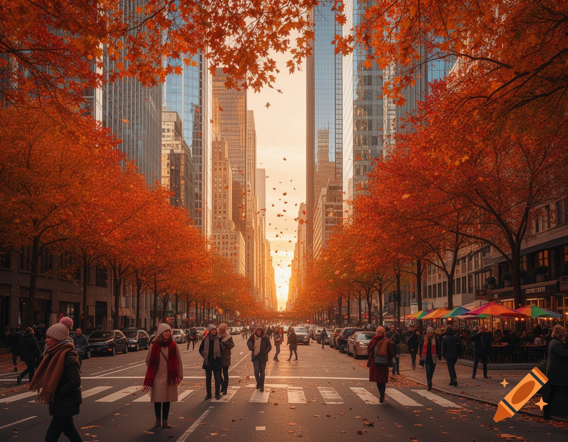 Vibrant photorealistic autumn city street with people crossing, cars, tall buildings, and trees with red and orange leaves.
