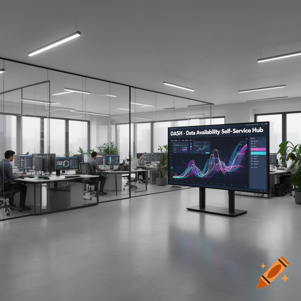 Photorealistic image of a modern open-plan office with employees working at desks and a large screen displaying data visualizations for DASH.