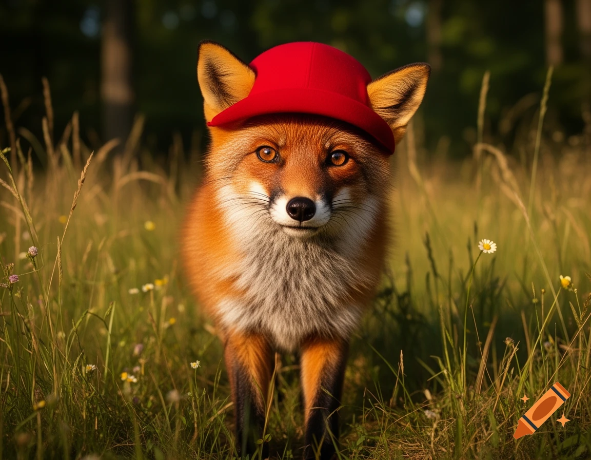 Photorealistic fox wearing a red hat standing in a sunny grassy field with trees in the background.