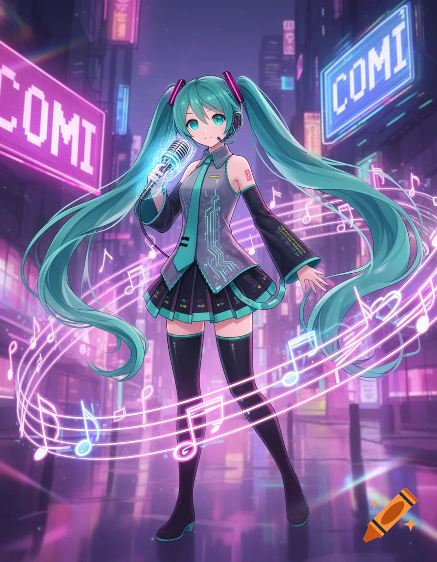Anime girl Hatsune Miku sings into a microphone on a neon city street, surrounded by glowing musical notes.